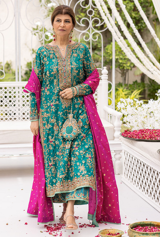 Farha Talib Aziz Wedding Festive Raw Silk Hand Made Collection Unstitched  Avisa Emerald Kurta