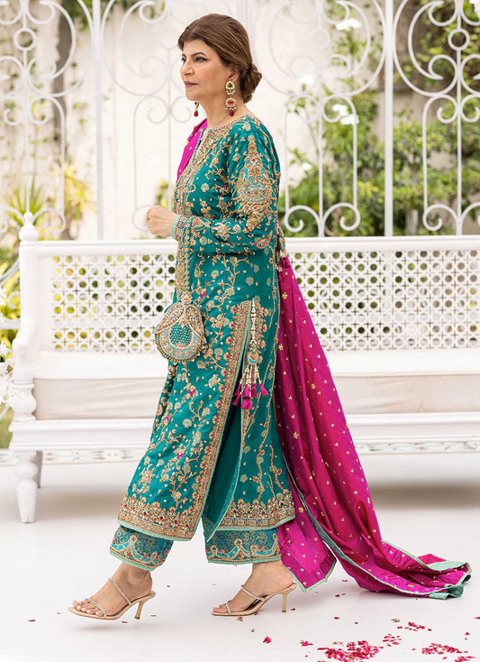 Farha Talib Aziz Wedding Festive Raw Silk Hand Made Collection Unstitched  Avisa Emerald Kurta