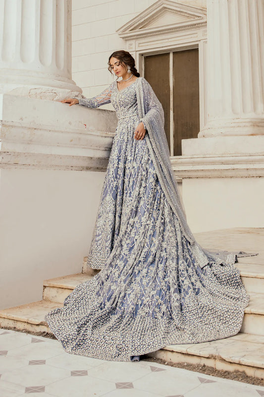 Erum Khan Wedding Festive Net Embroidered Ice Blue Bridal Maxi Unstitched EK-1357