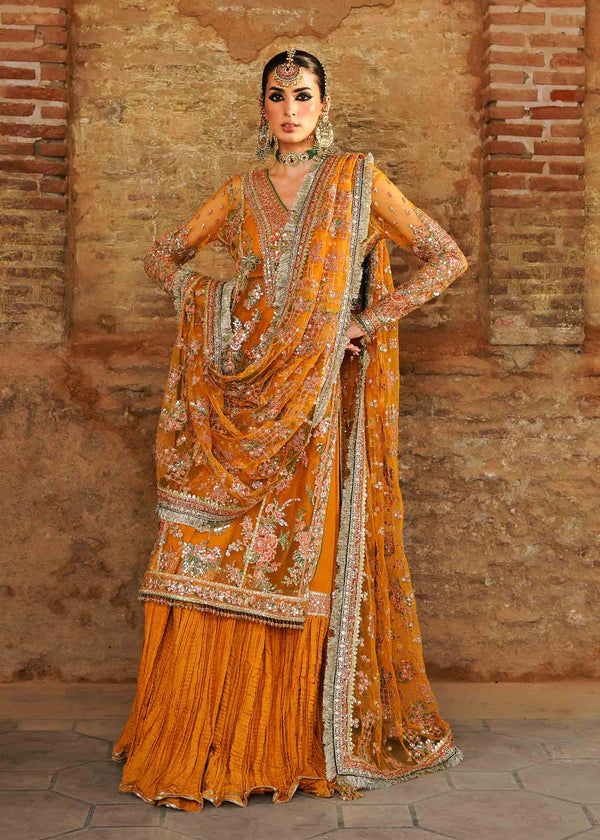 Zaib-un-Nisa by Hussain Rehar Embroidered Net Suits Unstitched 4 Piece Saffron - Festive Collection