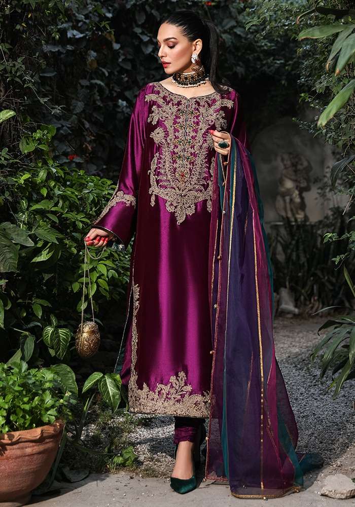 Nilofer Shahid Organza Embroidered Unstitched 3 Pieces Collection Ash Sangria D-3A