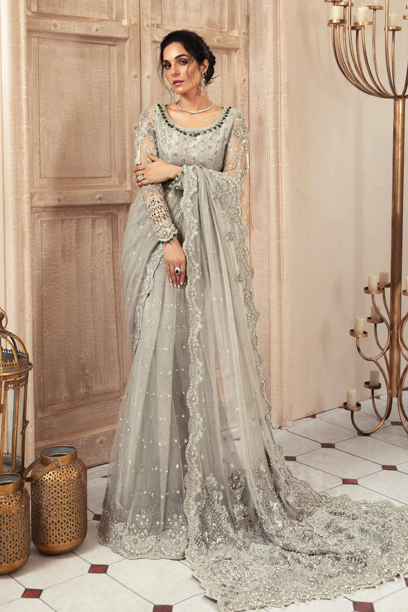 MARIA.B Couture Net Embroidered Saree Grey MC-037 Unstitched