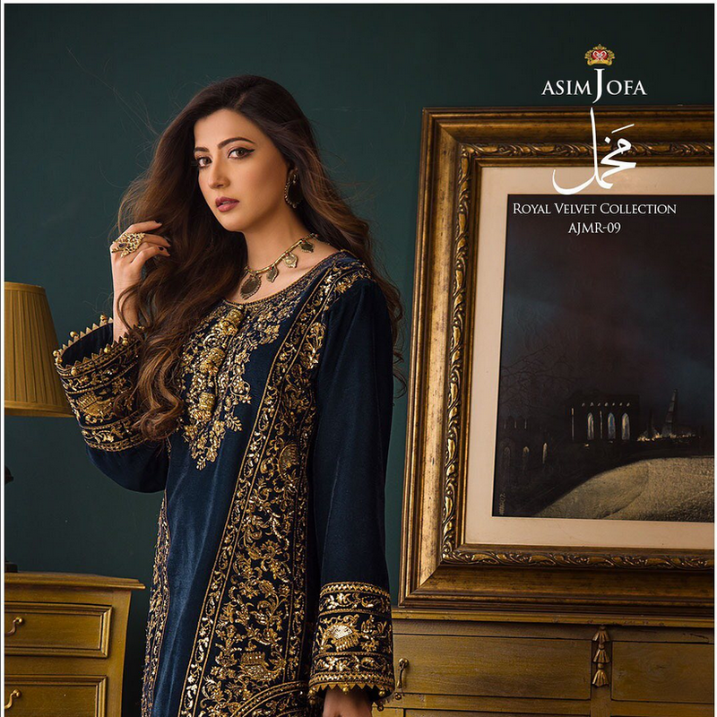 Makhmal By Asim Jofa Embroidered Velvet Suits Unstitched 3 Piece AJ21MR AJMR-09 - Winter Collection