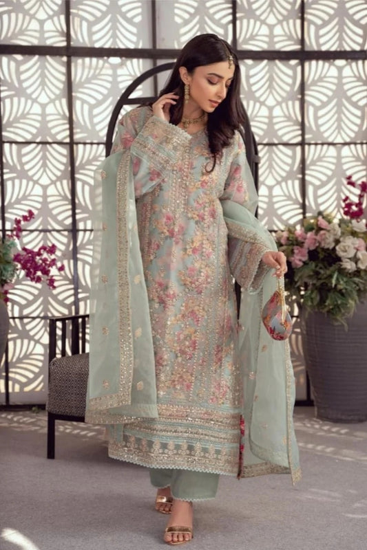 Wedding Wear by Bint-e-Noor Luxury Organza Embroidered Unstitched With Culutch Aqua Green