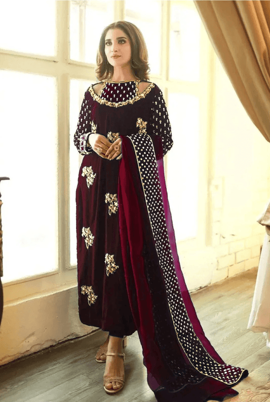 Afrozeh Luxury Velvet Collection Unstitched 3 Pieces Maroon GOLD