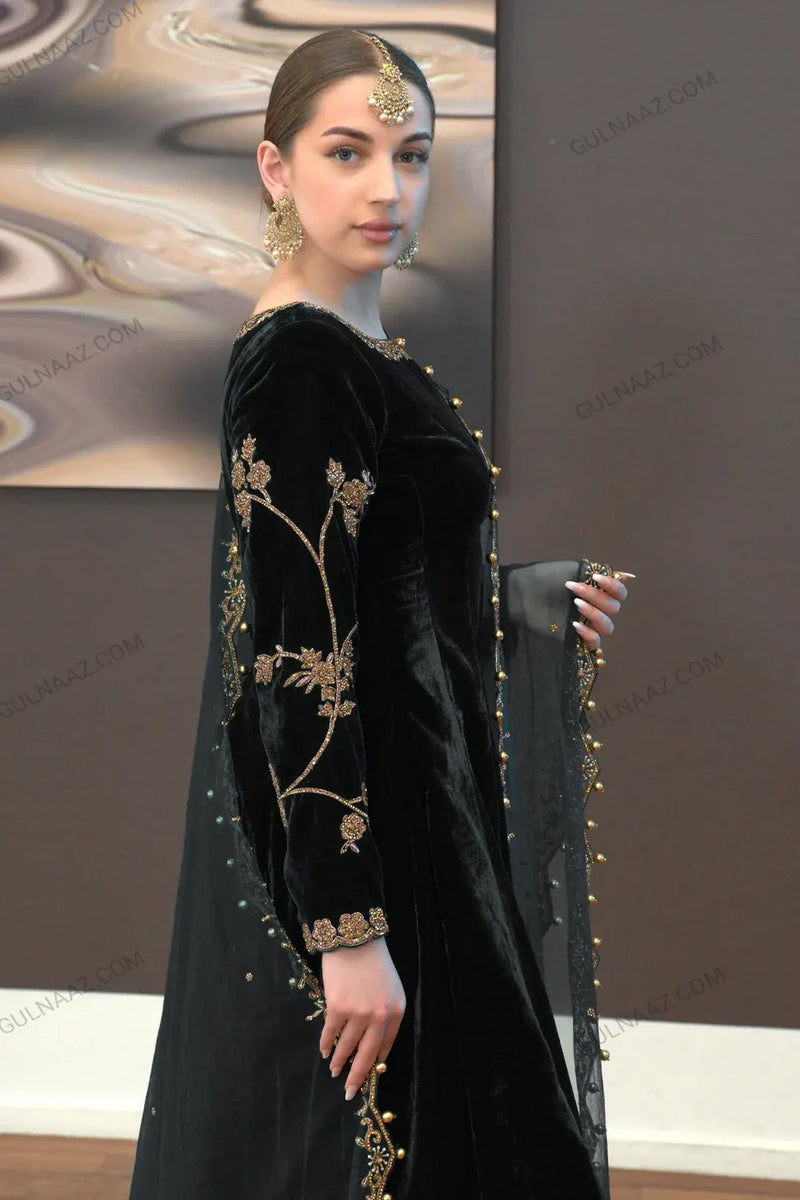 Zafira - Black Velvet Anarkali Suit Unstitched Winter Collection - Black 02