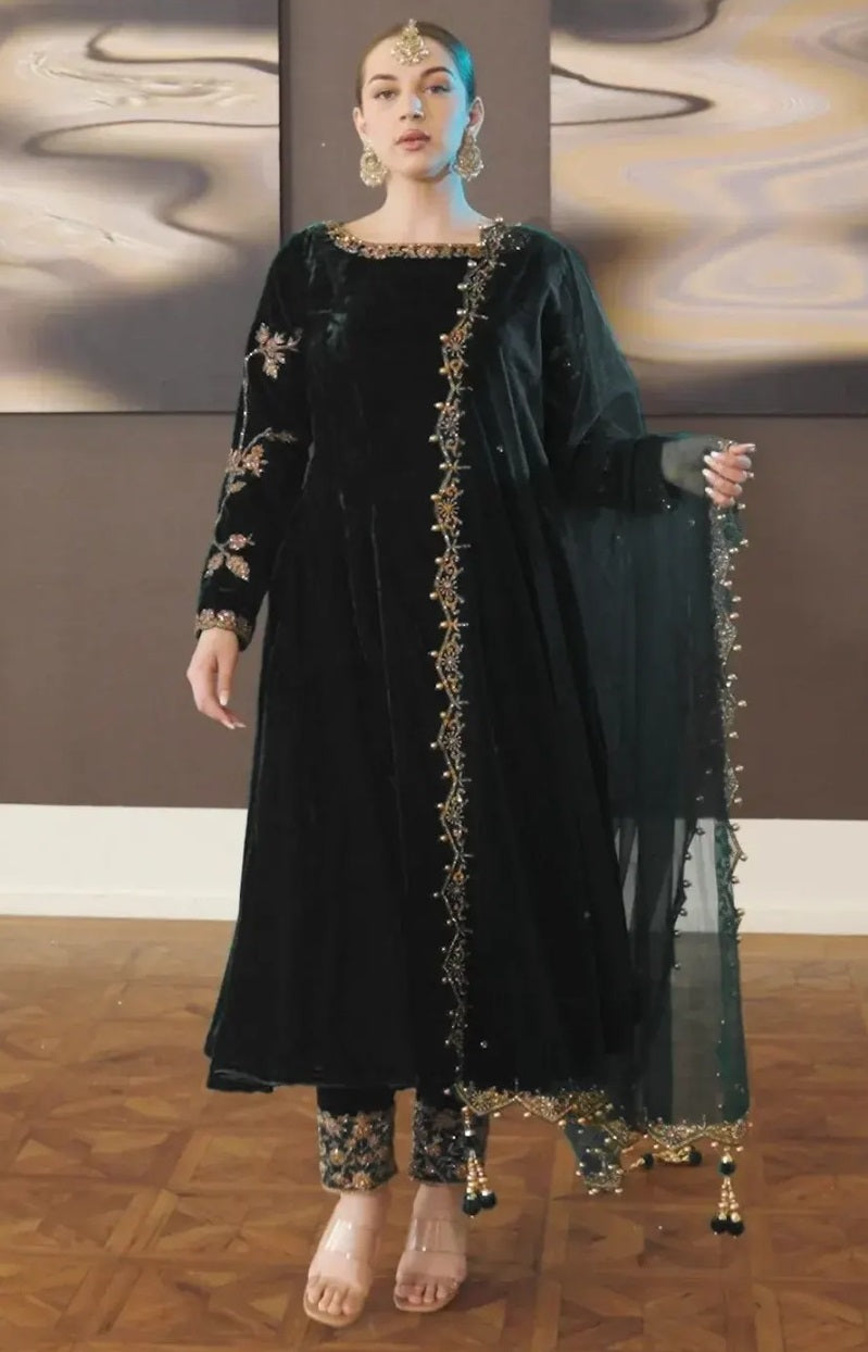 Zafira - Black Velvet Anarkali Suit Unstitched Winter Collection - Black 02