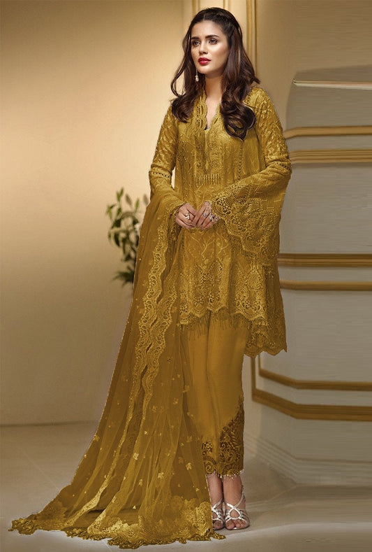 Anaya Wedding Festive Net Embroidered Unstitched Collection Mustard