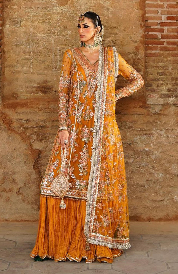 Zaib-un-Nisa by Hussain Rehar Embroidered Net Suits Unstitched 4 Piece Saffron - Festive Collection
